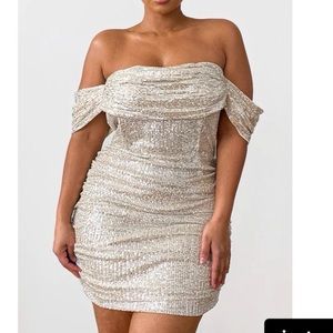 Cream Sequin Bardot Bodycon Dress